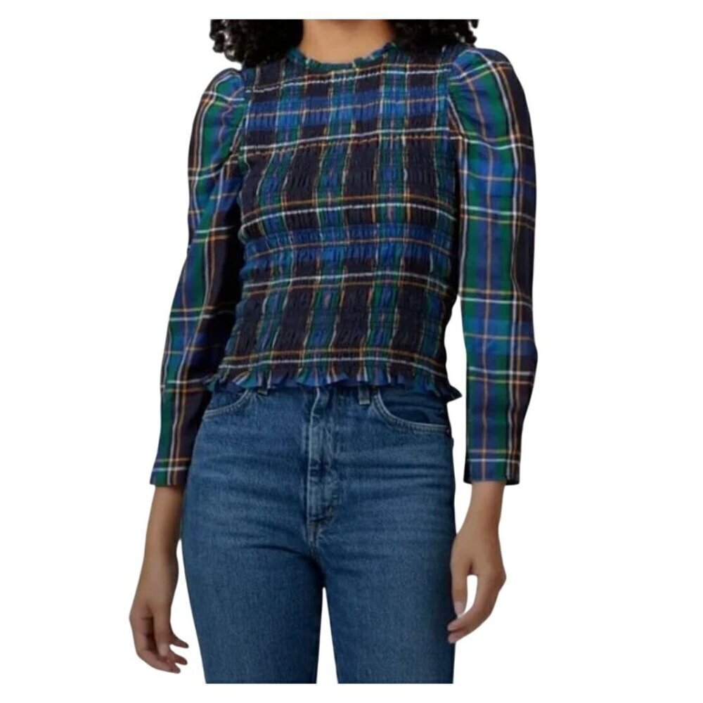 Tanya Taylor Katherine Blue and Green Plaid Cotton Poplin Smocked Blouse Small